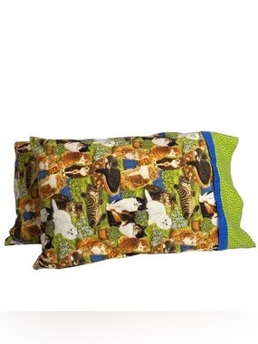 Handmade Cat Pillowcase Green Persian Tiger Tuxedo 19x29 S/Q Lot of 2 Farmhouse